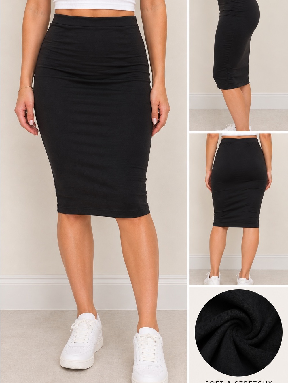 Butter soft Black Midi Pencil Skirt - Sleek Stretch Fit